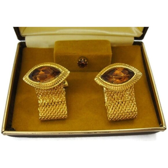 Mesh Cufflinks Tie Tack Set Paris Gold Tone Wedding Accessories Vintage - Picture 4 of 16